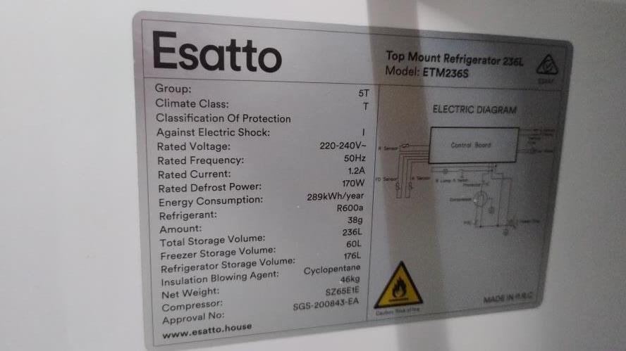 Second-hand Esatto 236L Top Mount Fridge - Photo 7)
